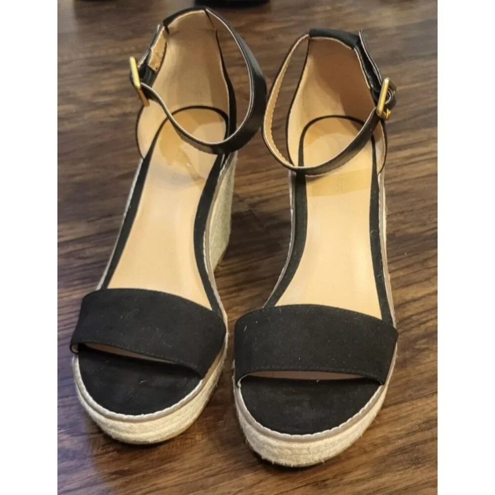 Banana Republic Black Suede Espadrille Wedge Sandals Sz 9 Minimalist Preppy